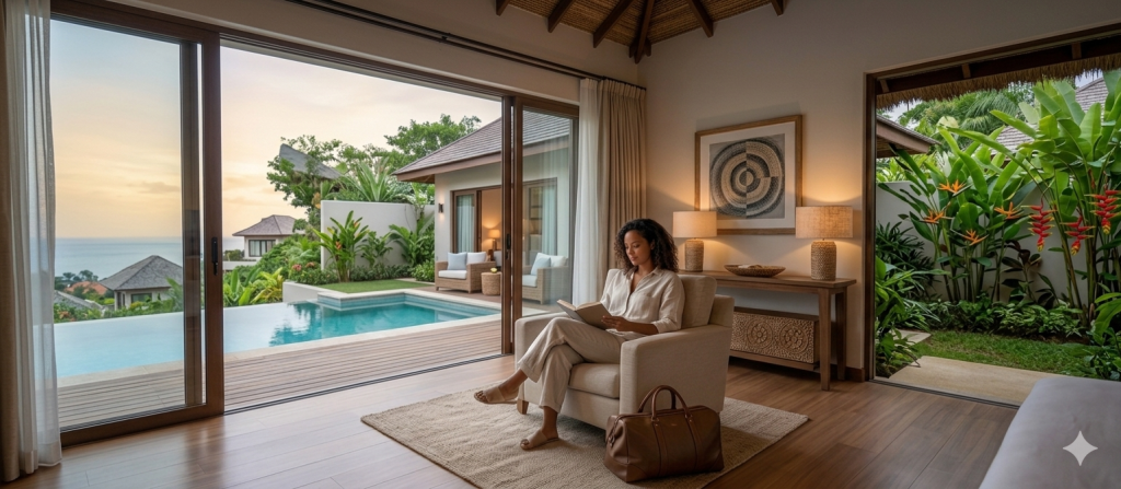A woman in a relaxed cream outfit reading a book in a luxury coastal villa lounge. The room features warm lighting and open sliding glass doors that lead to a private infinity pool and a tropical garden overlooking the ocean at sunset.