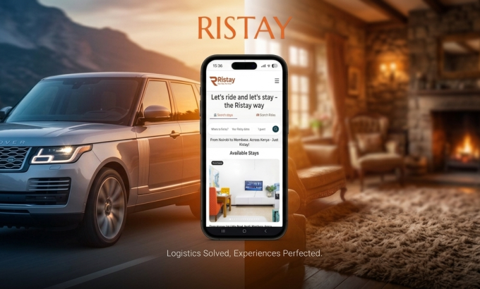 Ristay app interface mockup showing stays and rides on a smartphone with a luxury car and apartment background.