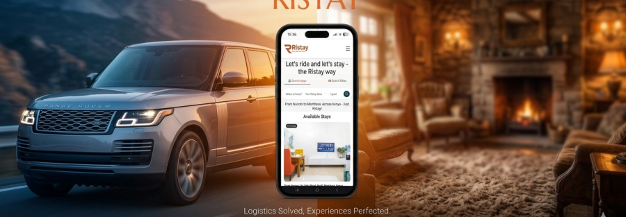 Ristay app interface mockup showing stays and rides on a smartphone with a luxury car and apartment background.