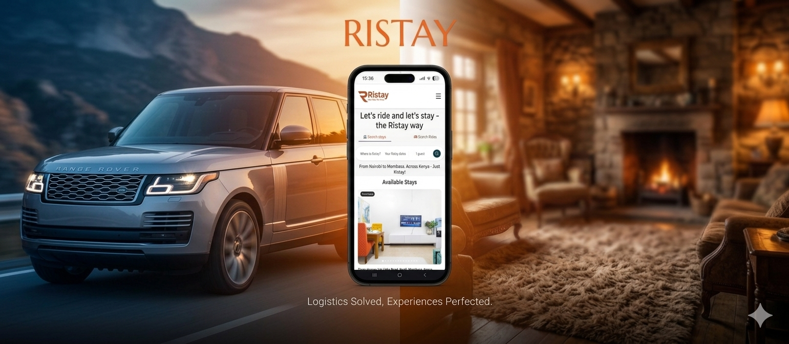 Ristay app interface mockup showing stays and rides on a smartphone with a luxury car and apartment background.